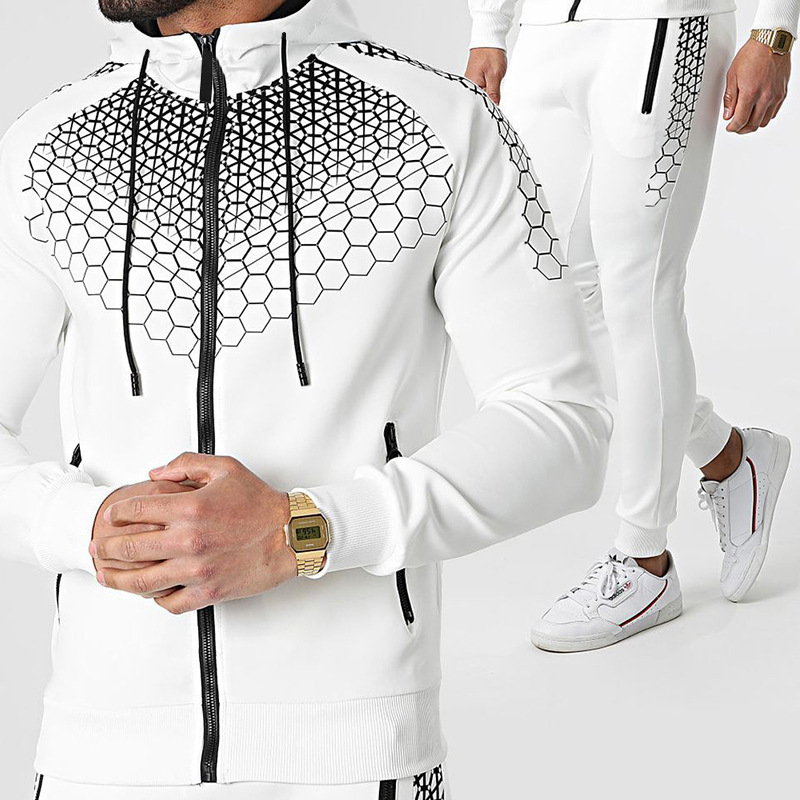 Men's Electronic Honeycomb Printed Casual Trousers Suit Fitted Tracksuit Hooded Sports Jogging Wear 